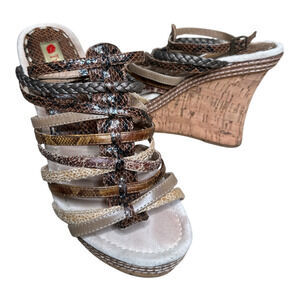 Two Lips Tan Reptile Faux Leather Strappy Cork Wedge Heels Sandals Size 9